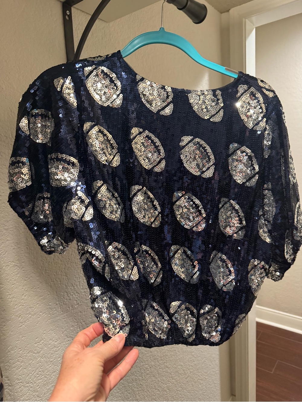 Navy Sequin Short-Sleeve Party Blouse